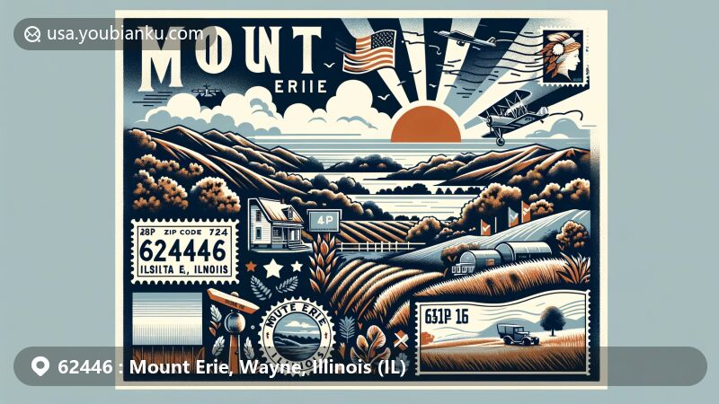 Modern illustration of Mount Erie, Illinois, featuring postal theme with ZIP code 62446, incorporating rural charm, community spirit, and Illinois state symbols.