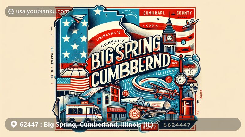 Modern illustration of Big Spring, Cumberland, Illinois, showcasing postal theme with ZIP code 62447, featuring Illinois state flag, Cumberland County outline, and Neoga landmarks.