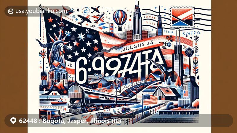 Modern illustration of Bogota, Jasper County, Illinois, showcasing postal theme with ZIP code 62448, incorporating iconic elements of the region in a wide format.