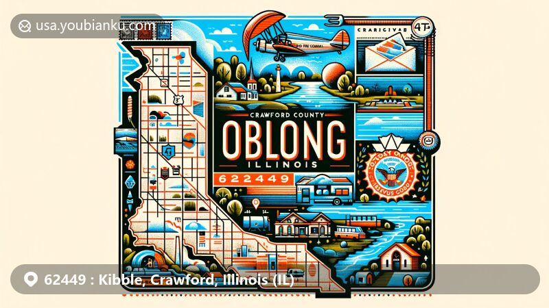 Modern illustration of Oblong, Illinois, highlighting ZIP code 62449 and key features of Crawford County. The design blends geographic landmarks and postal elements, including Oblong Township's natural beauty and vintage postal motifs.
