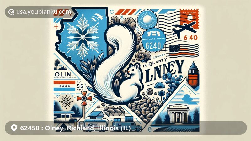 Modern illustration of Olney, Illinois, ZIP code 62450, featuring vintage air mail envelope with city outline, white squirrels, WWI Memorial, seasonal symbols, and postal elements.