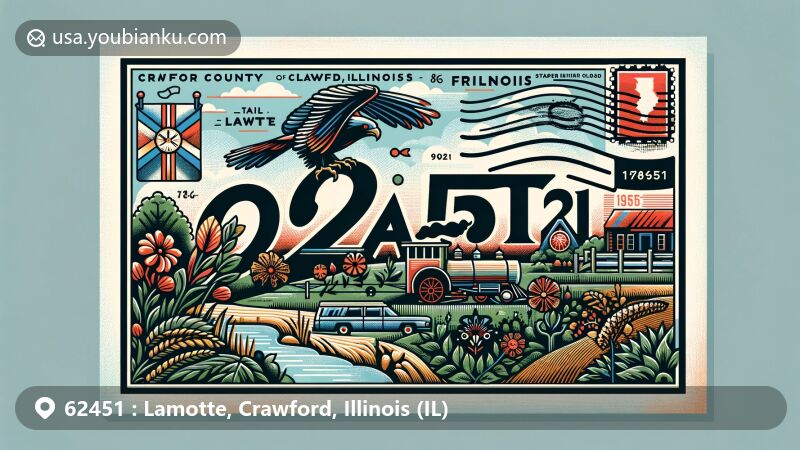 Modern illustration of Lamotte, Crawford, Illinois, featuring ZIP code 62451, integrating Wabash River and Fort LaMotte historical landmark, with Crawford County outline and Illinois state flag, conveying local natural beauty and historical context.