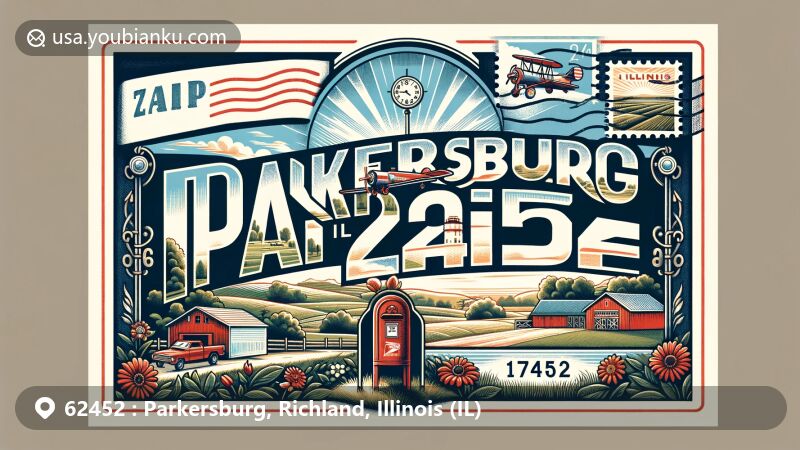 Modern illustration of Parkersburg, Richland County, Illinois, highlighting ZIP code 62452 with vintage air mail envelope and postal symbols, showcasing rural charm and Illinois landscapes.