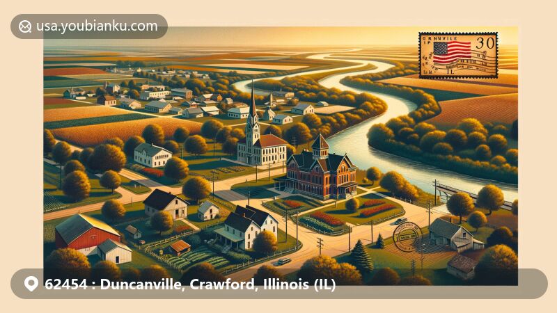 Modern illustration of picturesque rural community near Duncanville in Crawford County, Illinois, showcasing historic courthouse, culturally significant Fife Opera House, farmlands, homes, winding river at golden hour. Vintage postcard style with decorative borders, stamp element featuring Illinois state flag, 'Duncanville, IL 62454' postmark. Modern illustration with nostalgic touch ideal for highlighting charm and history of Duncanville area.