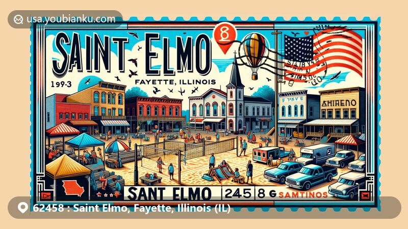 Modern illustration of Saint Elmo, Fayette, Illinois, showcasing postal theme with ZIP code 62458, featuring Driftstone Pueblo's Native American art and Deken Park's recreational facilities.