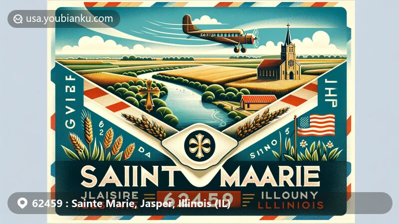 Wide-format illustration of Sainte Marie, Illinois, featuring vintage airmail envelope with ZIP code 62459. Includes symbols of Embarras River and Catholic heritage, reflecting French settlers' founding. Illinois state flag integrated. Rich agricultural landscape hints Jasper County surroundings.