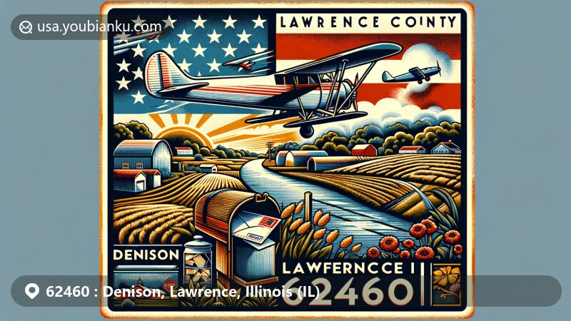 Modern illustration of Denison, Lawrence County, Illinois, in the style of a vintage postcard, presenting rural charm and postal theme with ZIP code 62460, incorporating Illinois state flag and characteristic farmlands, rivers, small-town elements, and airplane symbolizing mail delivery.