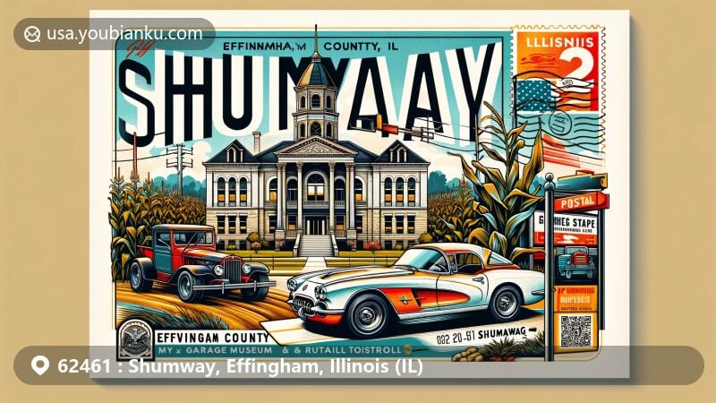 Modern illustration of Shumway, Effingham County, Illinois, featuring Effingham County Courthouse and agricultural elements, with vintage postal theme showcasing ZIP code 62461 and local attractions.