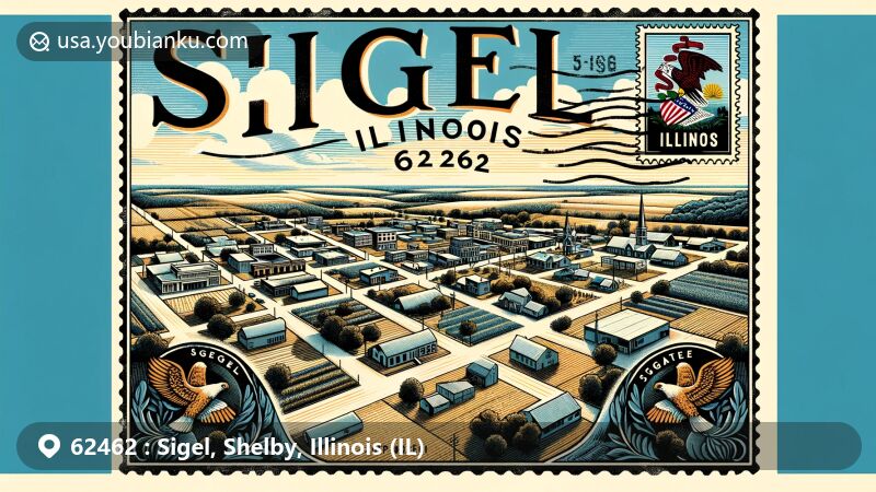 Modern illustration of Sigel, Shelby County, Illinois, designed as a postcard with an aerial view capturing rural charm and small-town essence, incorporating the Illinois state flag and postal elements.