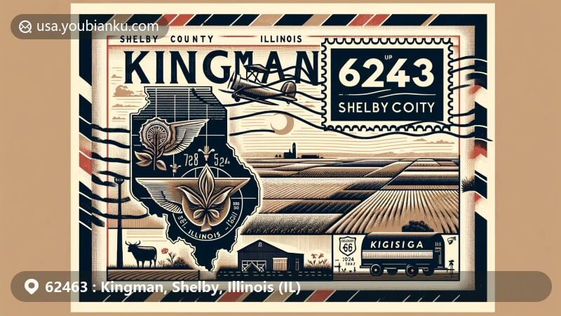 Vintage-style illustration of Kingman, Shelby County, Illinois, featuring airmail envelope with detailed county outline, Illinois state symbols, and ZIP code 62463.