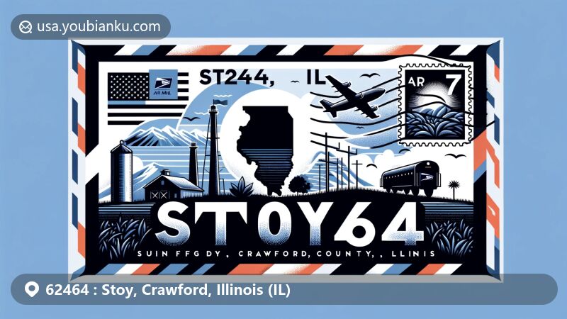 Modern illustration of Stoy, Crawford County, Illinois, depicting a creative air mail envelope with ZIP code 62464 and Stoy, IL, featuring regional symbols and a fictional postmark.