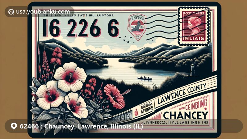 Modern illustration of Chauncey, Lawrence County, Illinois, showcasing postal theme with ZIP code 62466, featuring Red Hills State Park and Illinois state symbols.