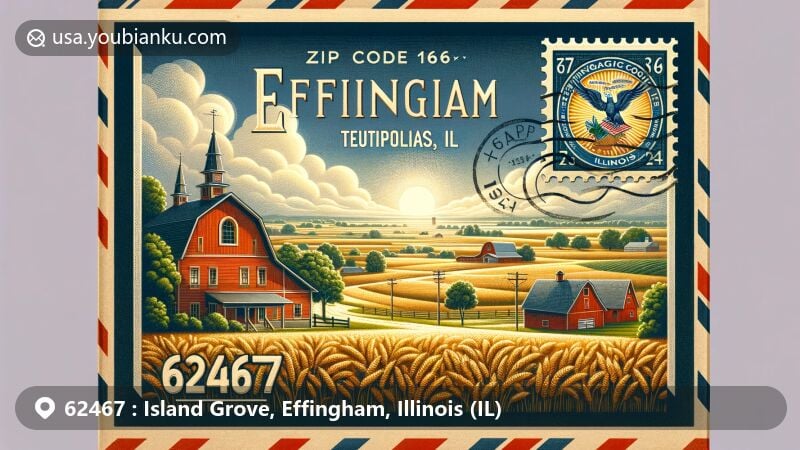 Modern illustration of Teutopolis, Island Grove, and Effingham in Illinois, showcasing rural landscapes, architectural charm, and pastoral beauty, with postal theme of vintage airmail envelope adorned with Illinois flag stamp and postmark for ZIP code 62467.