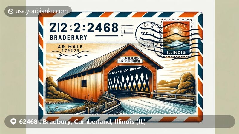 Wide illustration of Bradbury area, Cumberland County, Illinois, featuring postal theme with ZIP code 62468, showcasing Cumberland Covered Bridge and Illinois state flag stamp.