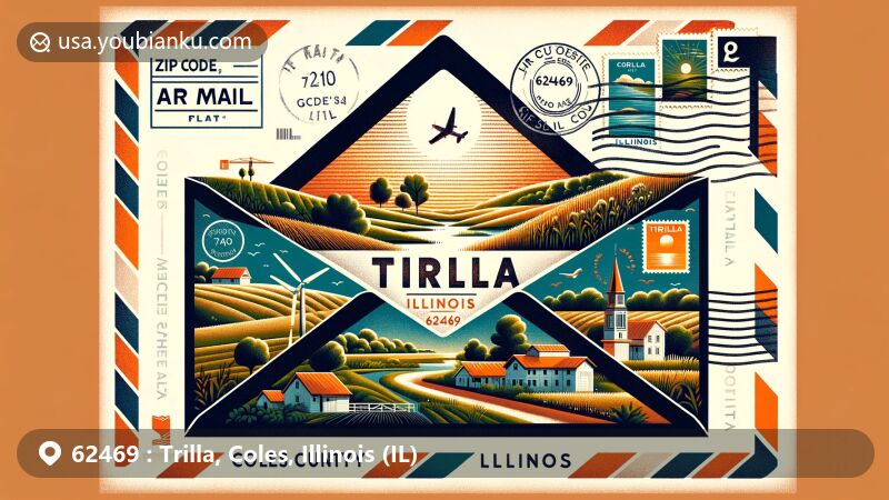 Modern illustration of Trilla, Coles County, Illinois, featuring serene countryside charm and postal theme with ZIP code 62469, showcasing rural landscape and peaceful village life.