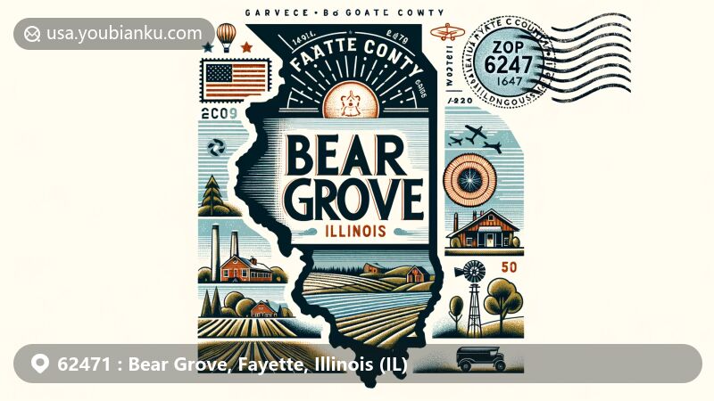 Modern illustration of Bear Grove area in Fayette County, Illinois, highlighting regional and postal features with ZIP code 62471, including rural landscapes, agricultural fields, Vandalia Lake, and vintage postal elements.