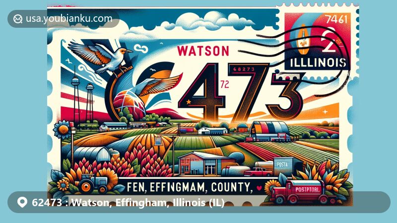 Modern illustration of Watson, Effingham County, Illinois, highlighting postal theme with ZIP code 62473, featuring local landmarks and symbols like rural landscape and agriculture, capturing the small-town charm and community spirit.