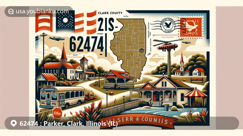 Modern illustration of Parker and Westfield in Clark County, Illinois, highlighting small-town charm with community park, gym, and Illinois state flag.
