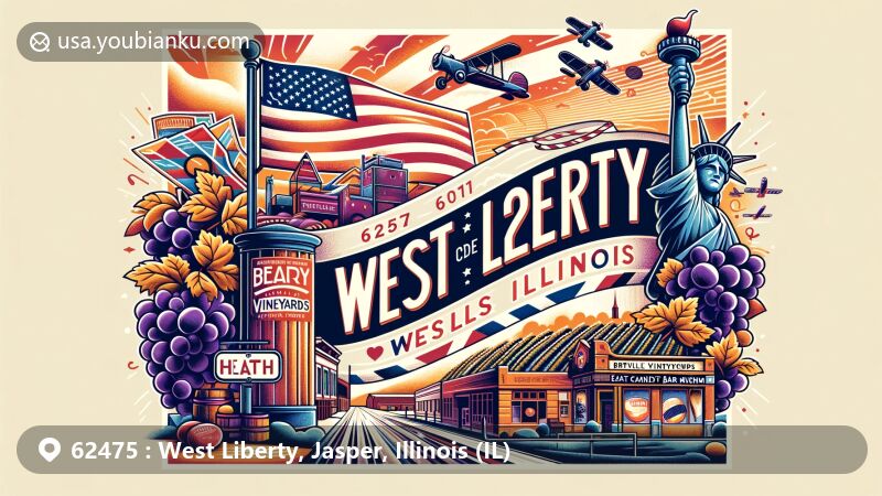 Modern illustration of West Liberty, Illinois, showcasing local charm with ZIP code 62475, featuring Berryville Vineyards, Heath Candy Bar Museum, and Illinois state flag.