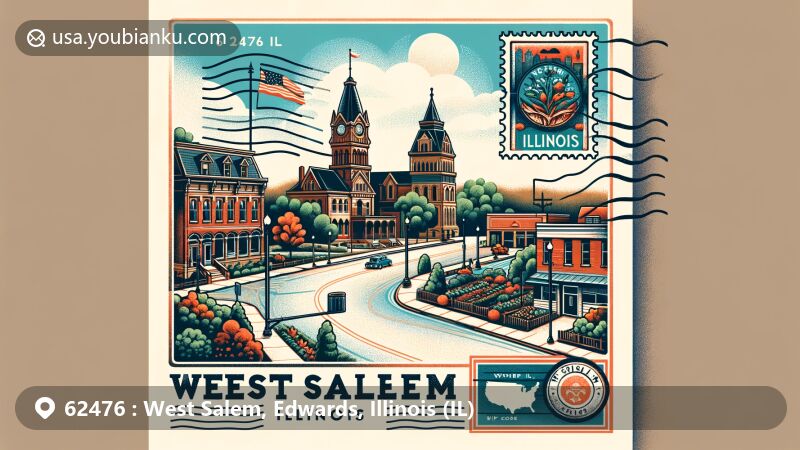 Historical illustration of West Salem, Illinois, with charming town scene, lush greenery, and Illinois state flag, incorporating postcard design with '62476' ZIP code and 'West Salem, IL' text.