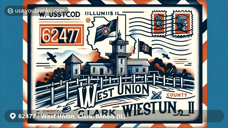 Modern illustration of West Union, Clark County, Illinois, showcasing postal theme with ZIP code 62477, featuring Fort Handy, Clark County outline, and Illinois state flag.