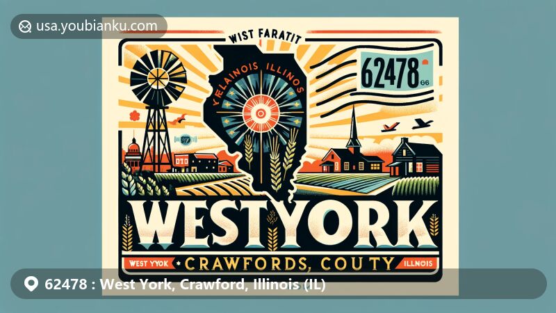 Modern illustration of West York, Crawford County, Illinois, showcasing rural Illinois imagery with a postcard theme and ZIP code 62478, incorporating the silhouette of the state and iconic symbols of the area.