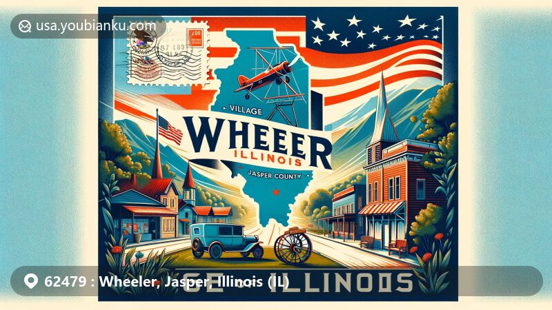 Modern illustration representing ZIP code 62479 in Wheeler, Jasper County, Illinois, featuring Illinois flag, Jasper County outline, and postal theme elements like postmark and envelope.