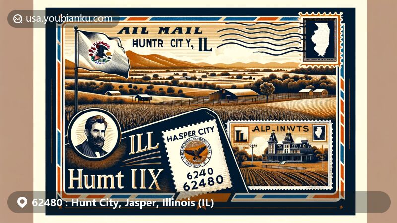 Modern illustration of Hunt City, Jasper County, Illinois, capturing rural charm with Illinois state flag, vintage air mail envelope, and postcard map of Jasper County, featuring local icon Burl Ives.