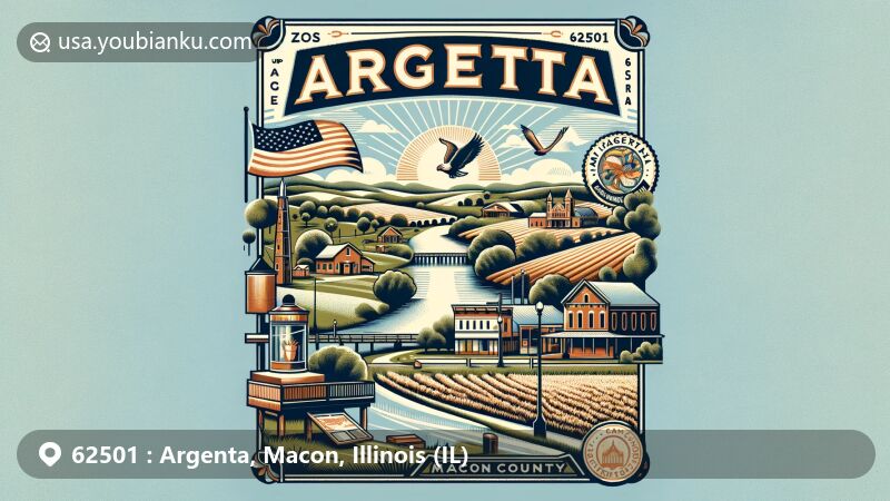 Modern illustration of Argenta, Illinois area with ZIP code 62501, featuring local and postal themes, including Macon County symbol, Decatur Metropolitan Area landmarks, agriculture, and vintage postal elements.
