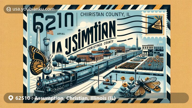 Modern illustration of Assumption, Christian County, Illinois, showcasing postal theme with ZIP code 62510, featuring Illinois Central Railroad and Assumption Veterans Memorial.