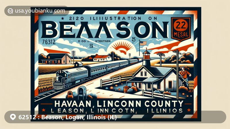 Modern illustration of Beason, Illinois, Logan County, featuring postal theme with ZIP code 62512, showcasing rural setting, vintage railroad station, Illinois state outline, and Logan County's contour.