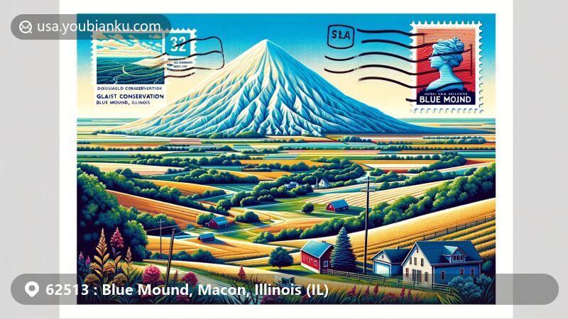 Modern illustration of Blue Mound, Illinois, showcasing postal theme with ZIP code 62513, featuring Griswold Conservation Area and glacially formed prominent hill, blending natural beauty and postal elements.