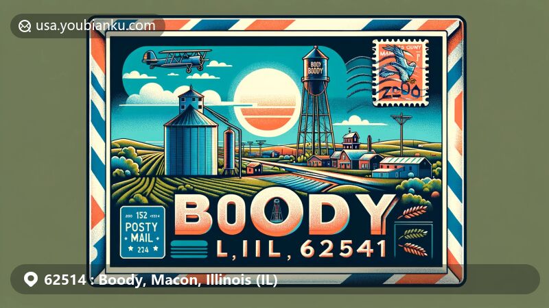 Modern illustration of Boody, Illinois, featuring ZIP code 62514 and postal themes, with water tower, grain elevator, and Illinois state flag stamp.