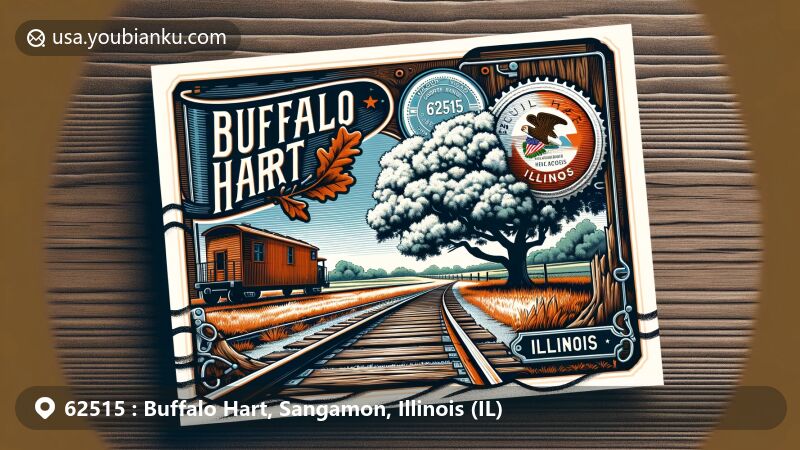 Modern illustration of Buffalo Hart, Illinois, showcasing natural beauty with white oak grove, historical significance with old railway tracks, and postal theme with postmark and Illinois state flag.