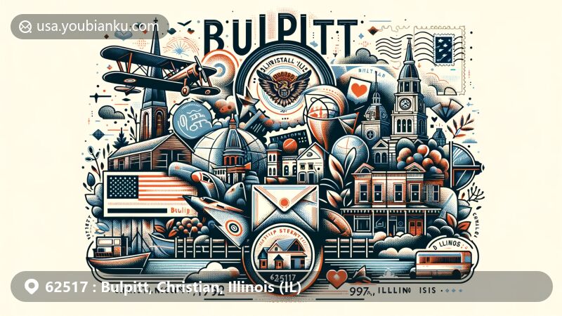 Artistic interpretation of Bulpitt, Illinois, featuring a postal theme with postcard, airmail envelope, stamps, and postmark, along with the small-town charm and ZIP code 62517, incorporating symbols of Christian County and Illinois state.