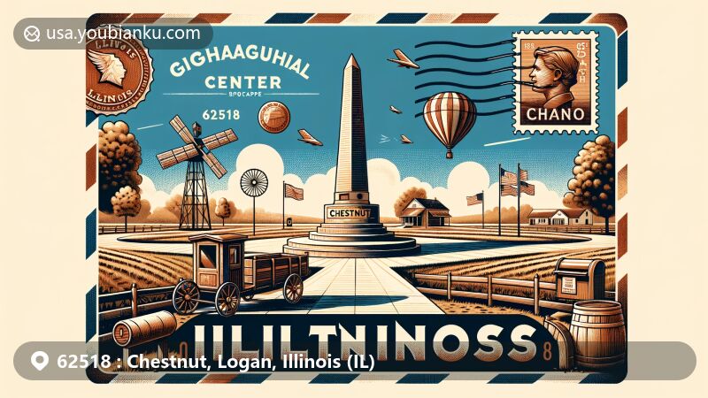 Modern illustration of Chestnut, Illinois, featuring postal theme with ZIP code 62518, showcasing geographical center monument and park against a backdrop of agricultural elements.