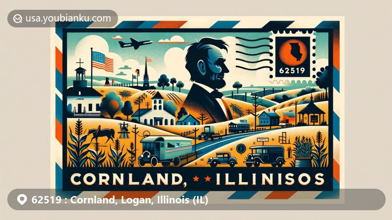 Modern illustration depicting Cornland, Illinois, showcasing ZIP code 62519, featuring geographical elements, historical ties to Abraham Lincoln, and postal theme with vintage stamps and postmarks.
