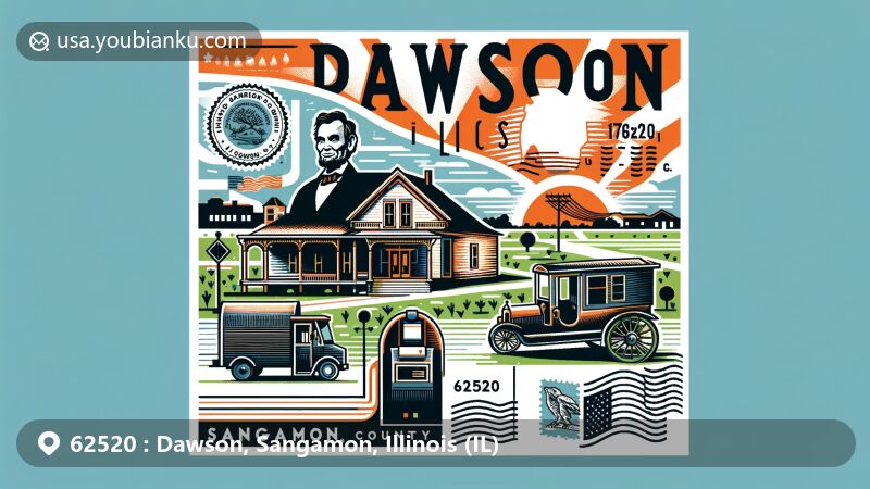 Modern illustration of Dawson, Sangamon County, Illinois, showcasing postal theme with ZIP code 62520, featuring Lincoln-related historical elements and community symbols.