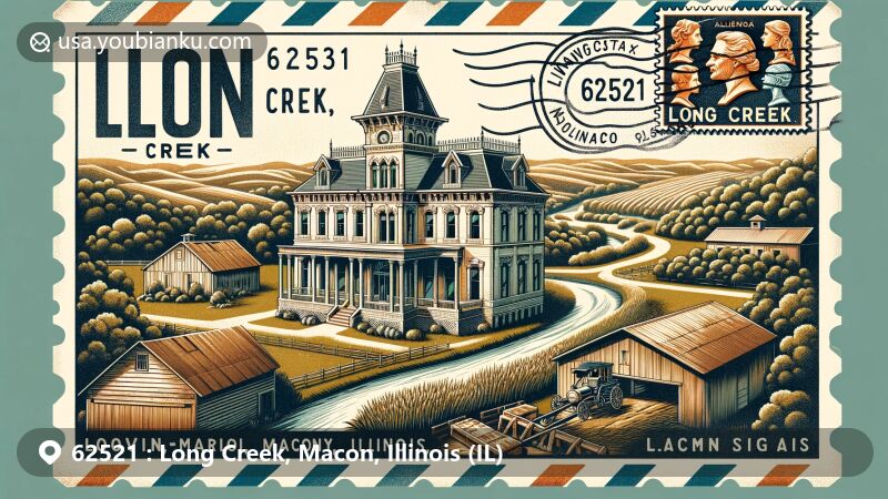 Modern illustration of Long Creek, Macon County, Illinois, featuring Governor Oglesby Mansion in Italianate style, Homestead Prairie Farm, and Spitler Woods State Natural Area on a vintage air mail envelope with stamps. Postal mark with ZIP code 62521 and 'Long Creek, Macon, Illinois'.