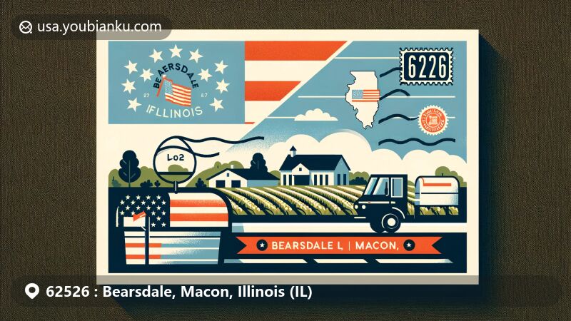 Modern illustration of Bearsdale, Macon, Illinois, depicting postal theme with ZIP code 62526, featuring Illinois state flag and Macon County silhouette, integrating agricultural heritage scenery, postcard design showcasing 'Bearsdale, IL 62526' with stamps and postmarks, along with icons of mailbox and mail truck.