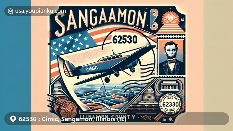 Modern illustration of Cimic, Sangamon County, Illinois, with aviation-themed envelope showcasing ZIP code 62530, featuring Illinois state flag, Sangamon County outline, and Abraham Lincoln Tomb.