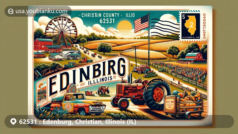 Modern illustration of Edinburg, Christian County, Illinois, capturing the essence of small-town charm with annual Labor Day Picnic and Parade, featuring parade, demolition derby, tractors, and rural history, set against gentle rolling landscape under clear skies, including Illinois state flag and Christian County outline.