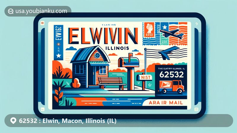 Modern illustration of Elwin, IL 62532 postal theme with air mail envelope, displaying 'Elwin, IL 62532', stylized mailbox, postage stamp, and Illinois state elements.