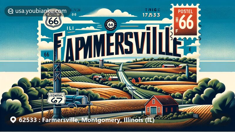Modern illustration of Farmersville, Montgomery County, Illinois, featuring Route 66 and rural community elements like rolling hills and farmland, with vintage postcard layout including stamp and postal marks.