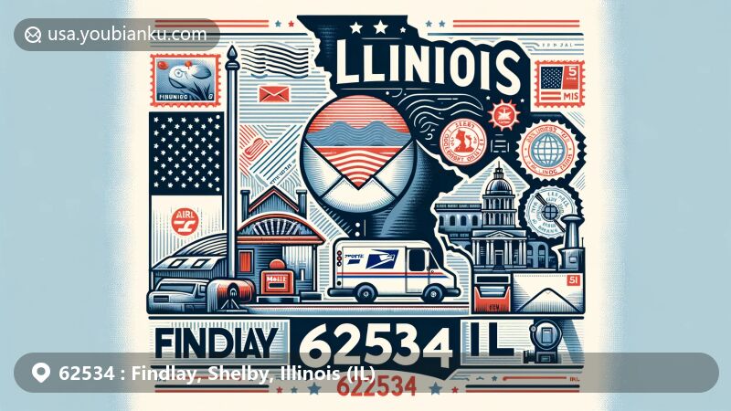 Modern illustration of Findlay area, Shelby County, Illinois, featuring ZIP code 62534 and creative blend of state flag, postal elements like air mail envelope and stamps.