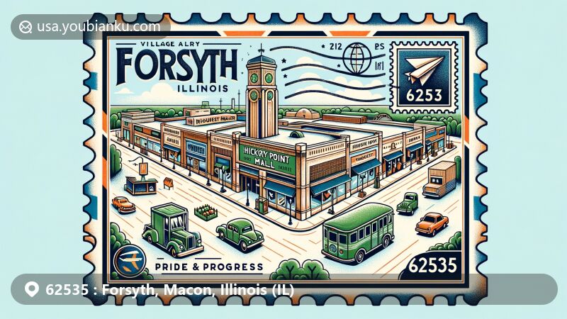 Modern illustration of Forsyth, Illinois, featuring ZIP code 62535 designed as an air mail envelope, highlighting Hickory Point Mall and a vibrant community reflecting the village's 'Pride and Progress' spirit.