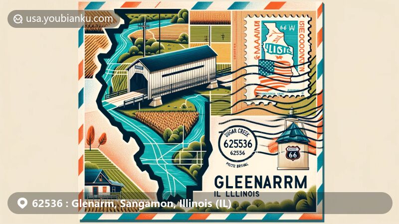 Modern illustration of Glenarm, Illinois, representing ZIP code 62536 on Route 66, showcasing Sugar Creek Covered Bridge and Illinois state flag.
