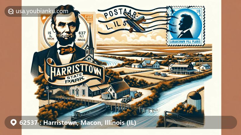 Modern illustration of Harristown, Illinois, with focus on Lincoln Trail Homestead State Park and Sangamon River, integrating historical and geographical elements with a vintage postal theme.