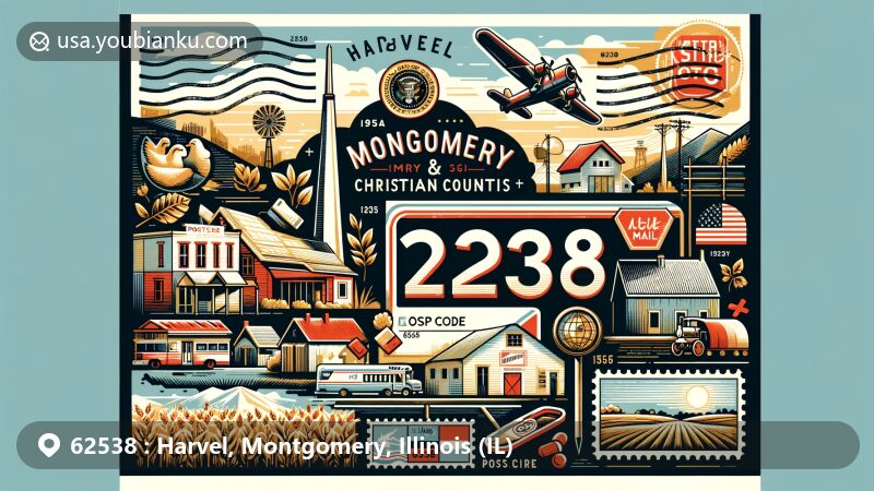 Modern illustration of Harvel area, ZIP Code 62538, spanning Montgomery and Christian counties, Illinois, featuring vintage postal elements and rural landscapes.