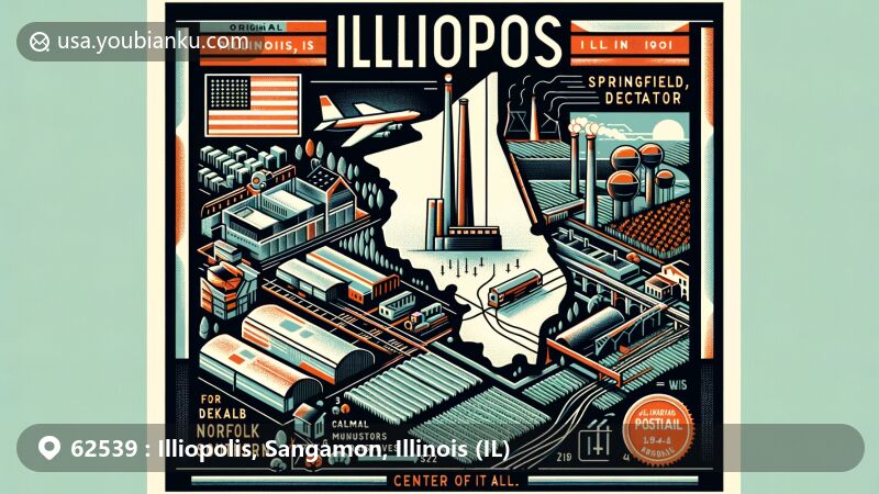 Modern illustration of Illiopolis, Illinois, showcasing central location between Springfield and Decatur, with industrial, agricultural, railway, and postal symbols, highlighting historical and economic aspects.
